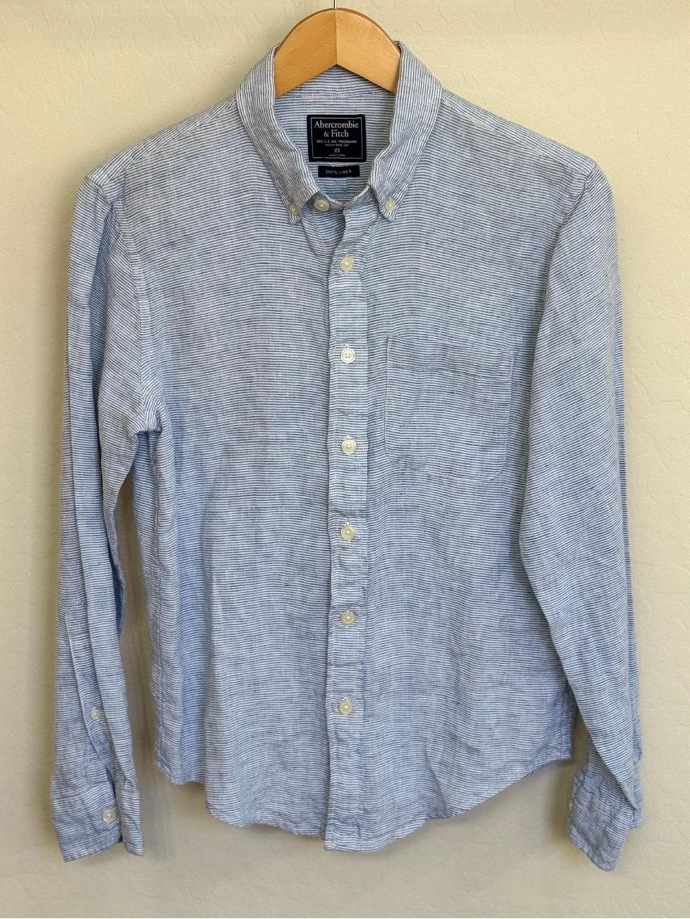 Abercrombie & Fitch Men's Light Blue Striped 100% Linen Button-Down Shirt Sz XS